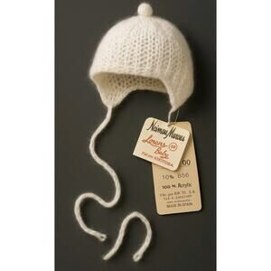 Vtg Lorens Baby Bonnet Hat Knit Fuzzy Spain White Toboggan Neiman Marcus 0-3 Mos